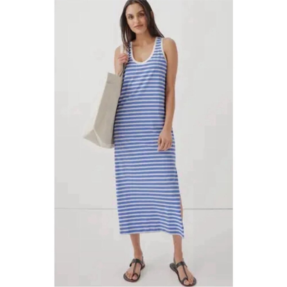 Pact Womens 100% Organic Cotton Softspun MIDI Blue Striped Tank Dress Size M